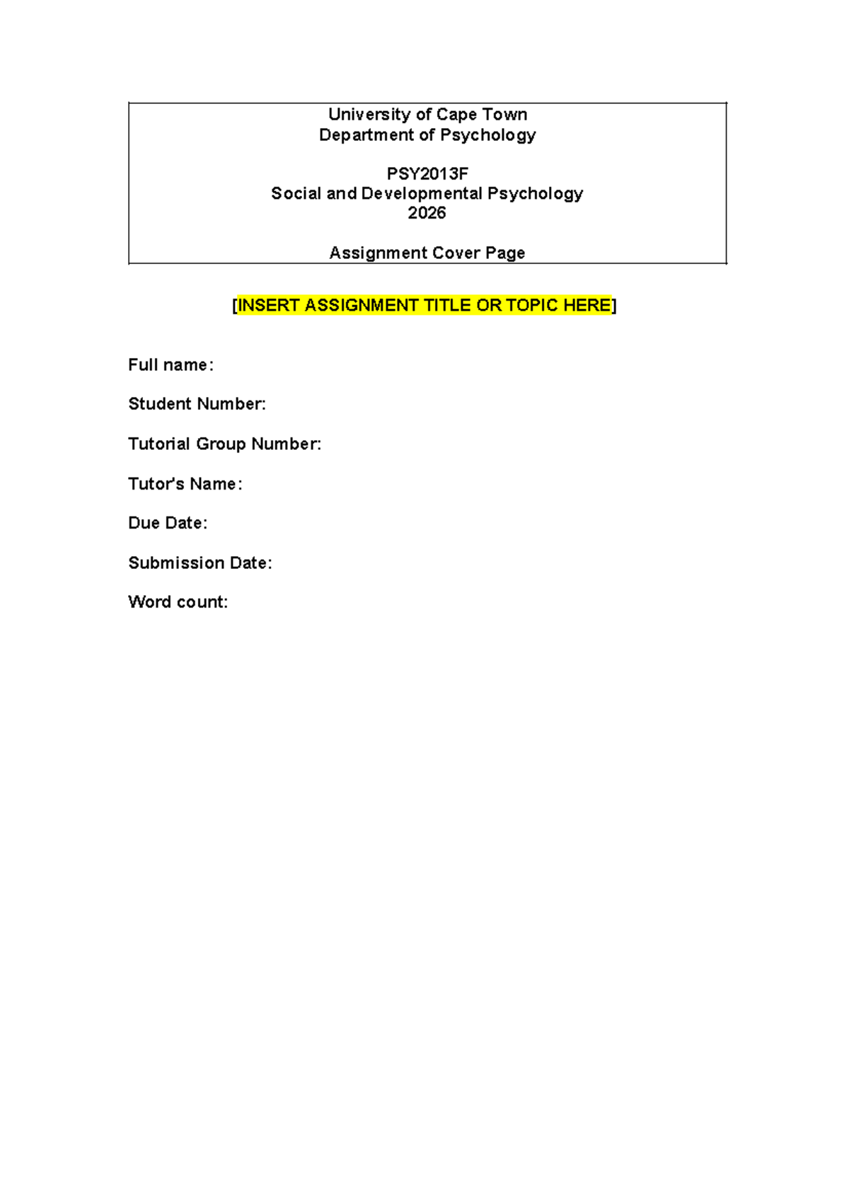PSY2013F Social & Developmental Psychology Assignment Cover Page 2026 ...