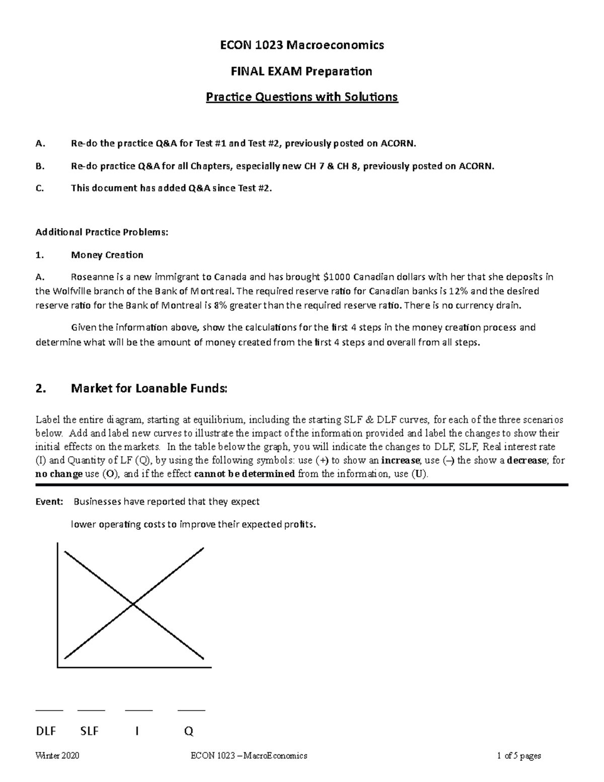 2020 ECON 1023 - Final Exam Practice Questions & Solutions - Studocu