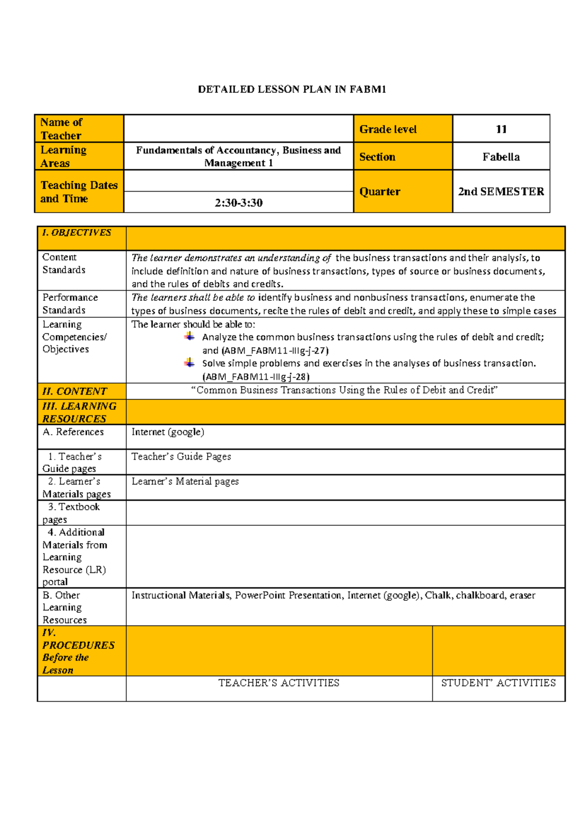 FABM1 - Detailed Lesson Plan on Business Transactions and Debits ...