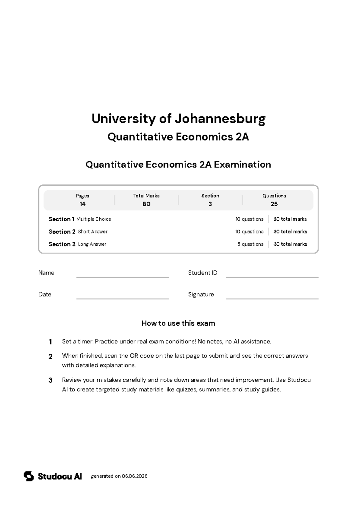 Quantitative Economics 2A Final Exam - Studocu