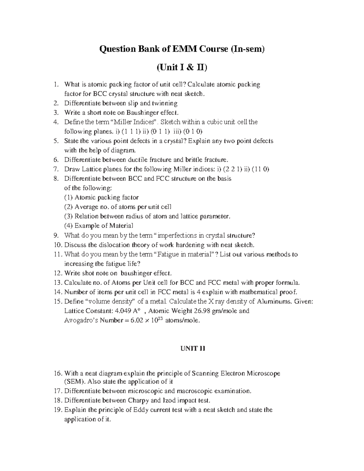 EMM Question Bank: Important Concepts for Unit I & II (In-sem) - Studocu