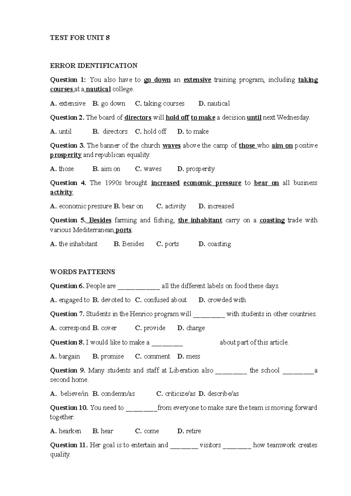 TEST FOR UNIT 8 - ERROR IDENTIFICATION and WORD FORMATION - Studocu