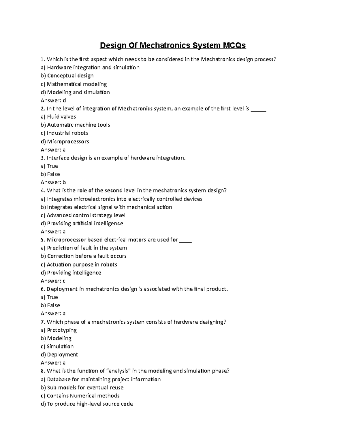 Mechatronics System Design MCQs - Study Guide and Practice Questions ...