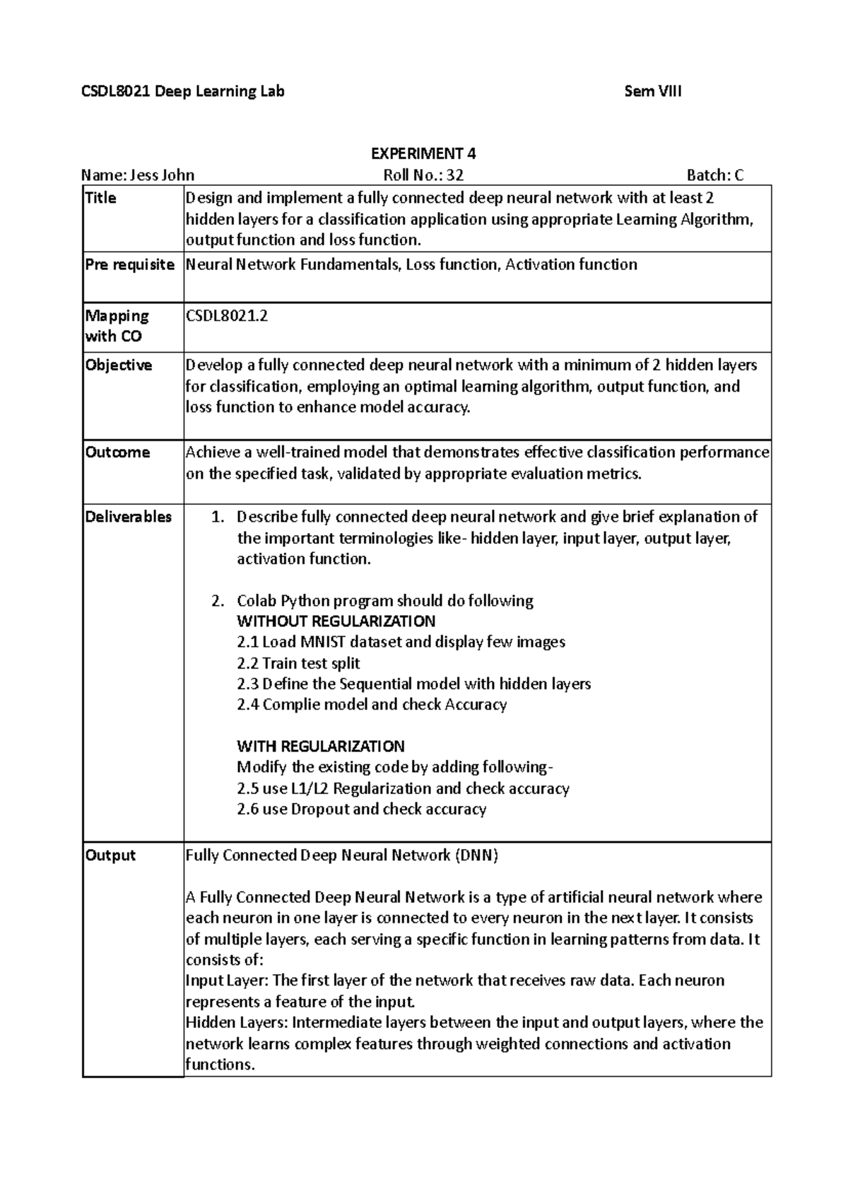 CSDL8021 Deep Learning Lab: Exp 4 - Fully Connected DNN Implementation ...