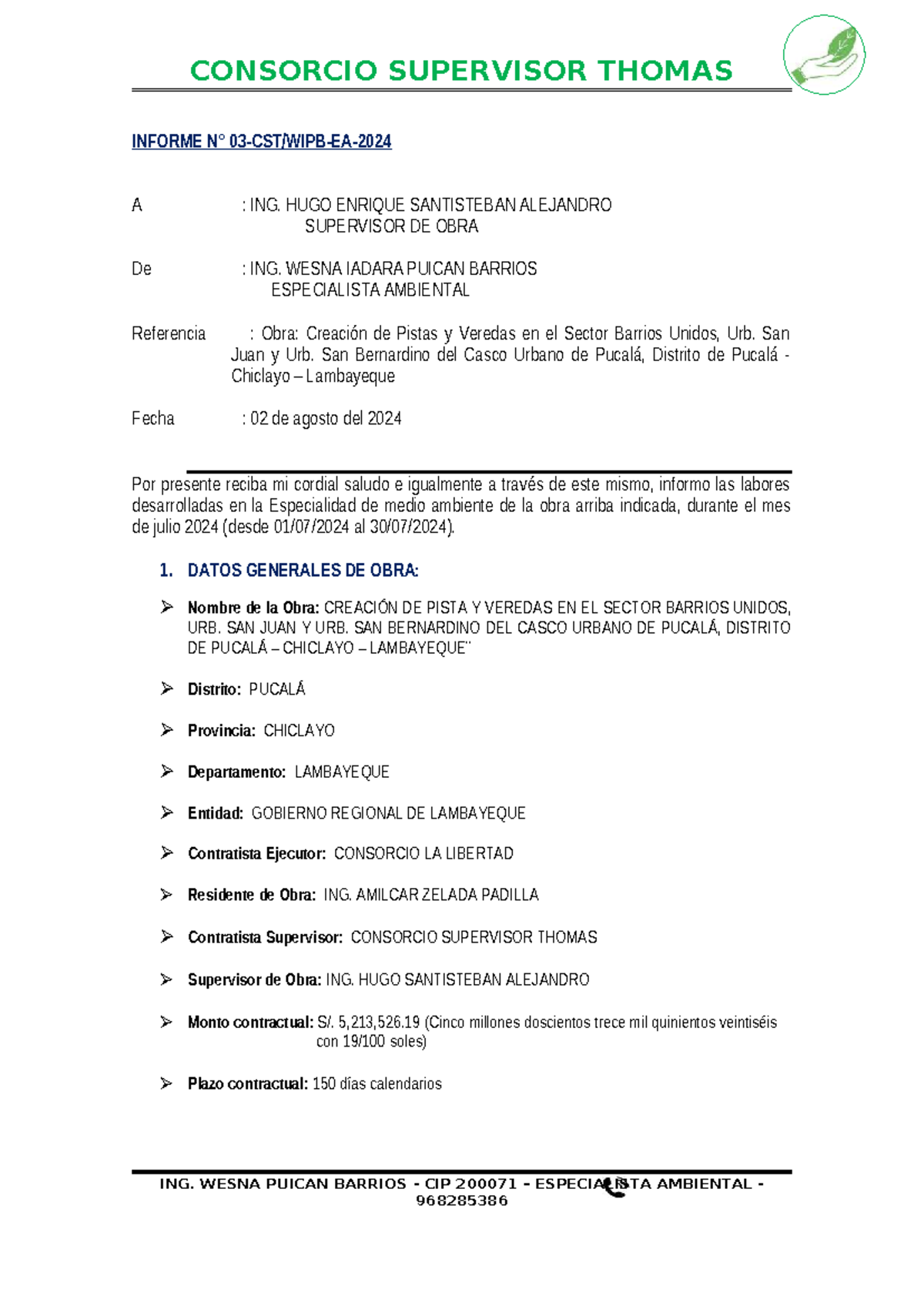 Informe Mensual 03: Supervisión Ambiental - Obra Pistas y Veredas - Document Preview
