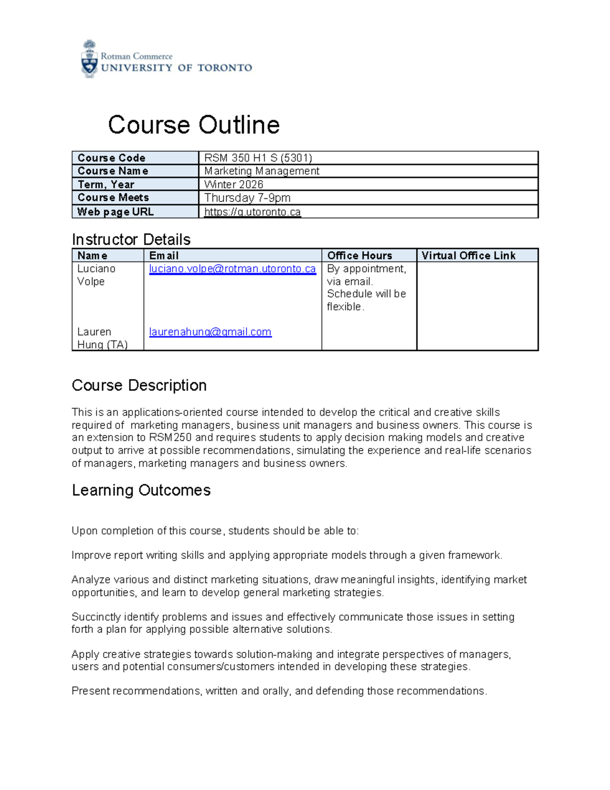 RSM 350 H1 S (5301) Marketing Management Course Outline Winter 2026 ...
