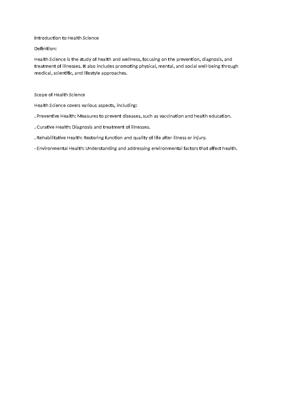 Introductory Notes on Health Science - Introduction to Health Science ...