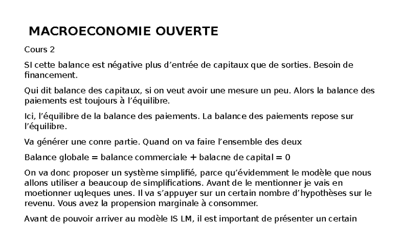 L2S2 Cours de Macroéconomie Ouverte - Concepts Clés et Modèles - Studocu