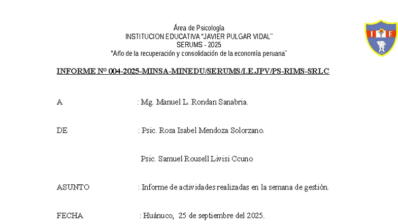 Informe de Actividades de la Semana de Gestión - Psicología IEP 2025 - Document Preview
