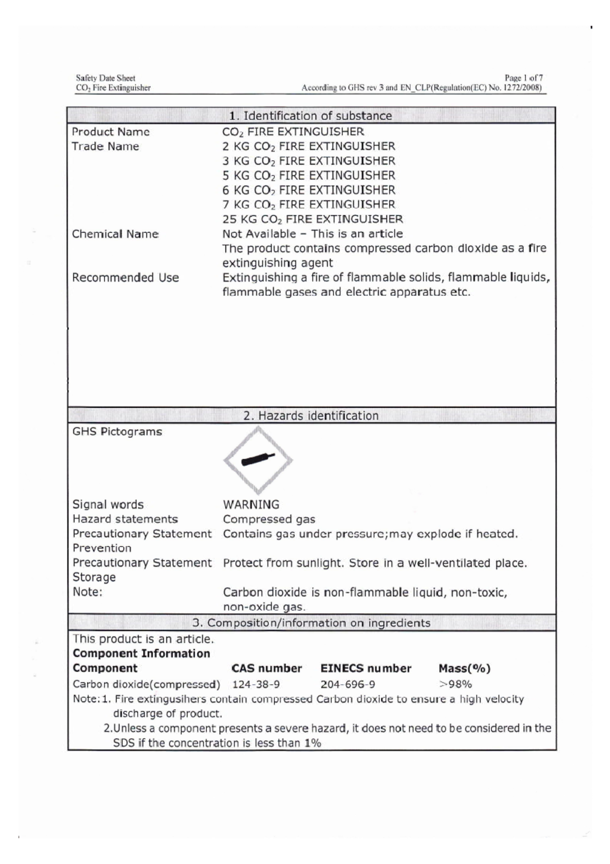 Safety Data Sheet for Fire Extinguishers (GHS Rev 3, No. 12722008 ...
