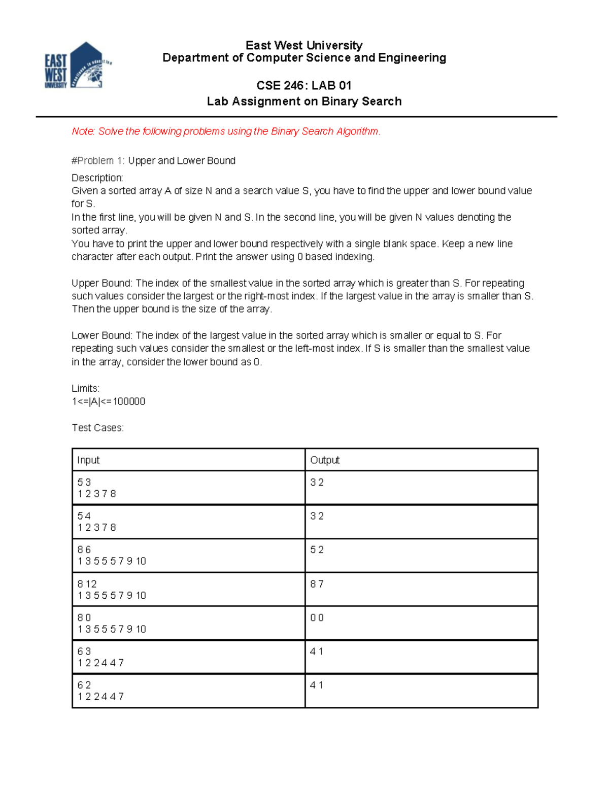 CSE 246: LAB 01 - Binary Search Algorithm Assignment - Studocu