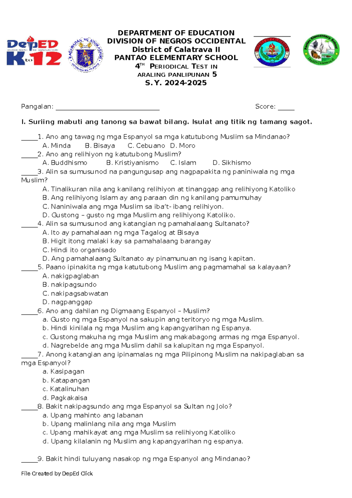 4TH PERIODICAL TEST IN ARALING PANLIPUNAN 5 S.Y. 2023-2024 - Studocu