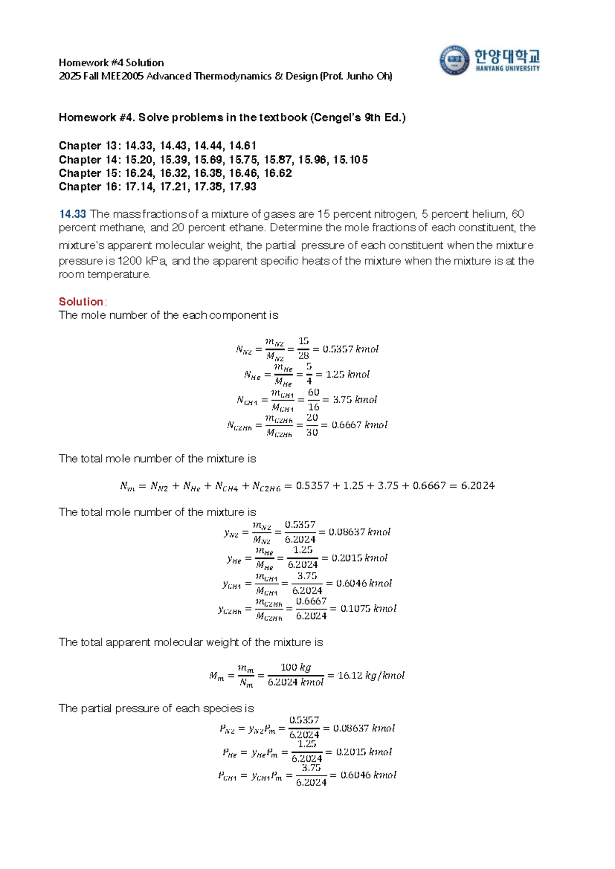 Homework Solution 2025 Fall MEE2005 Advanced Thermodynamics Design ...