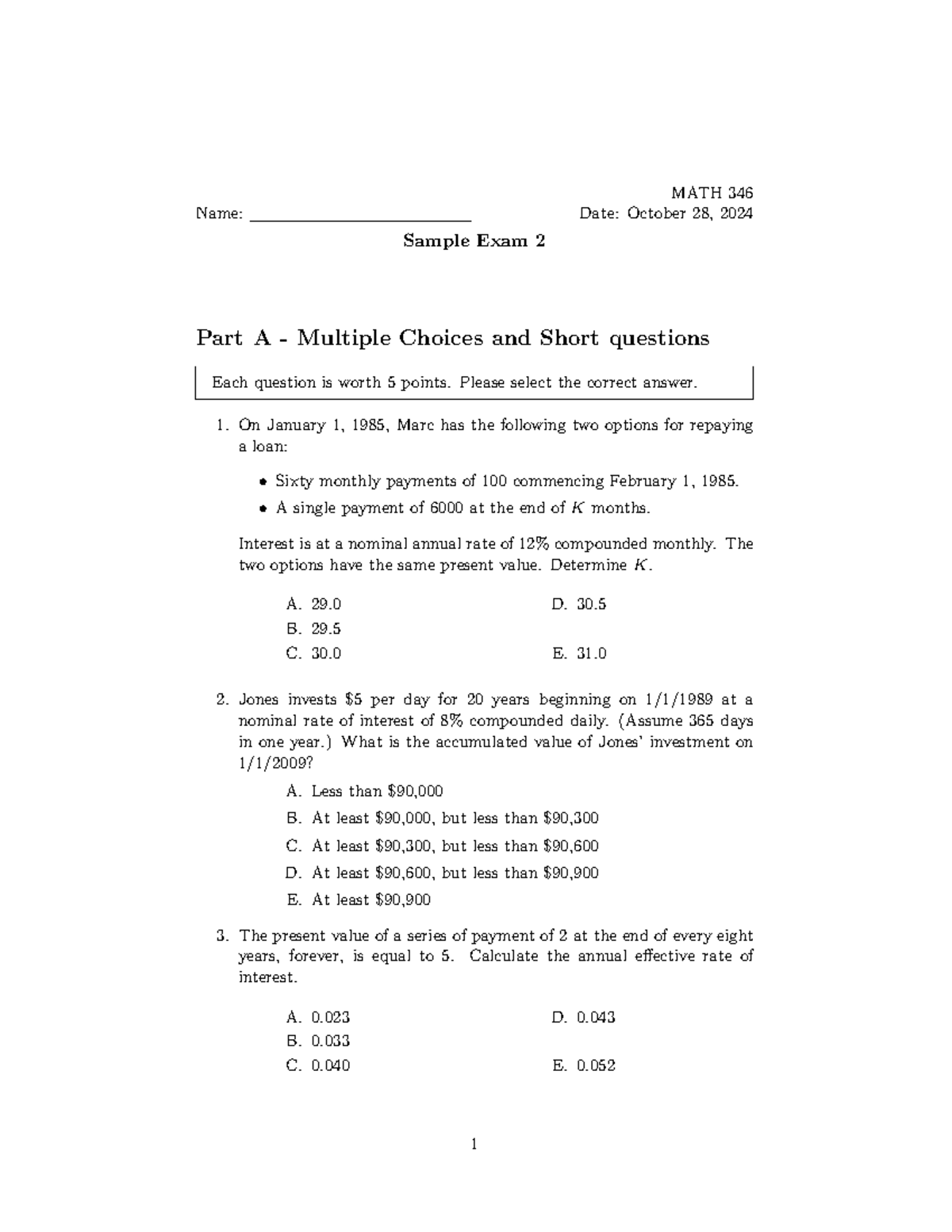 MATH 346 Sample Exam 2 - Practice Questions and Solutions - Studocu