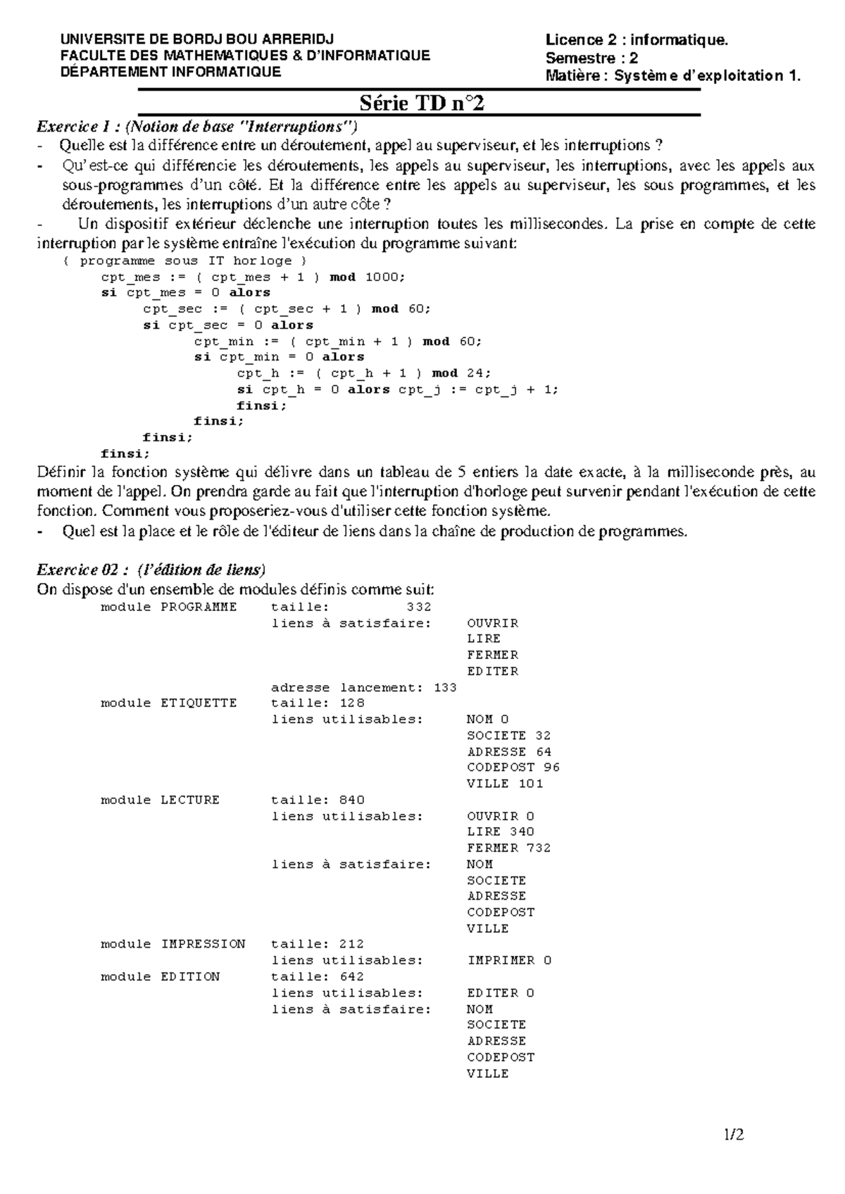 TD2+Solution Systèmes dexploitation 1 - Série TD n° Exercice 1 ...