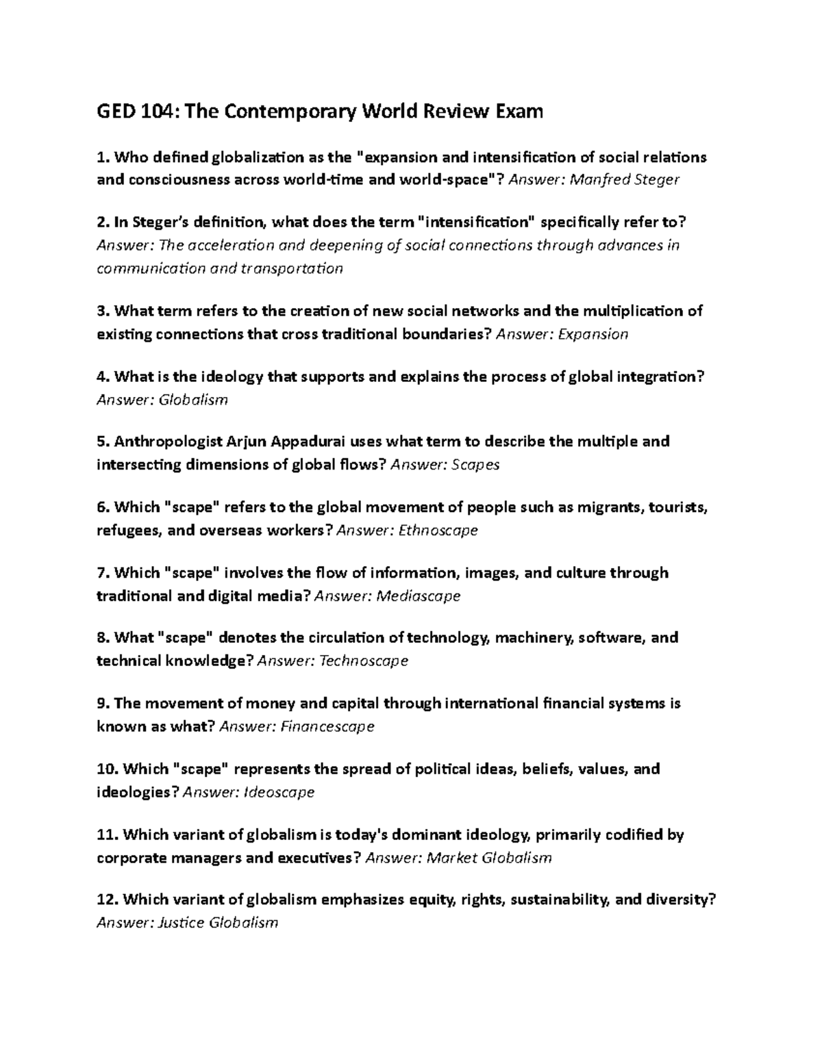 GED 104: Contemporary World Review Exam 1 Study Guide - Studocu
