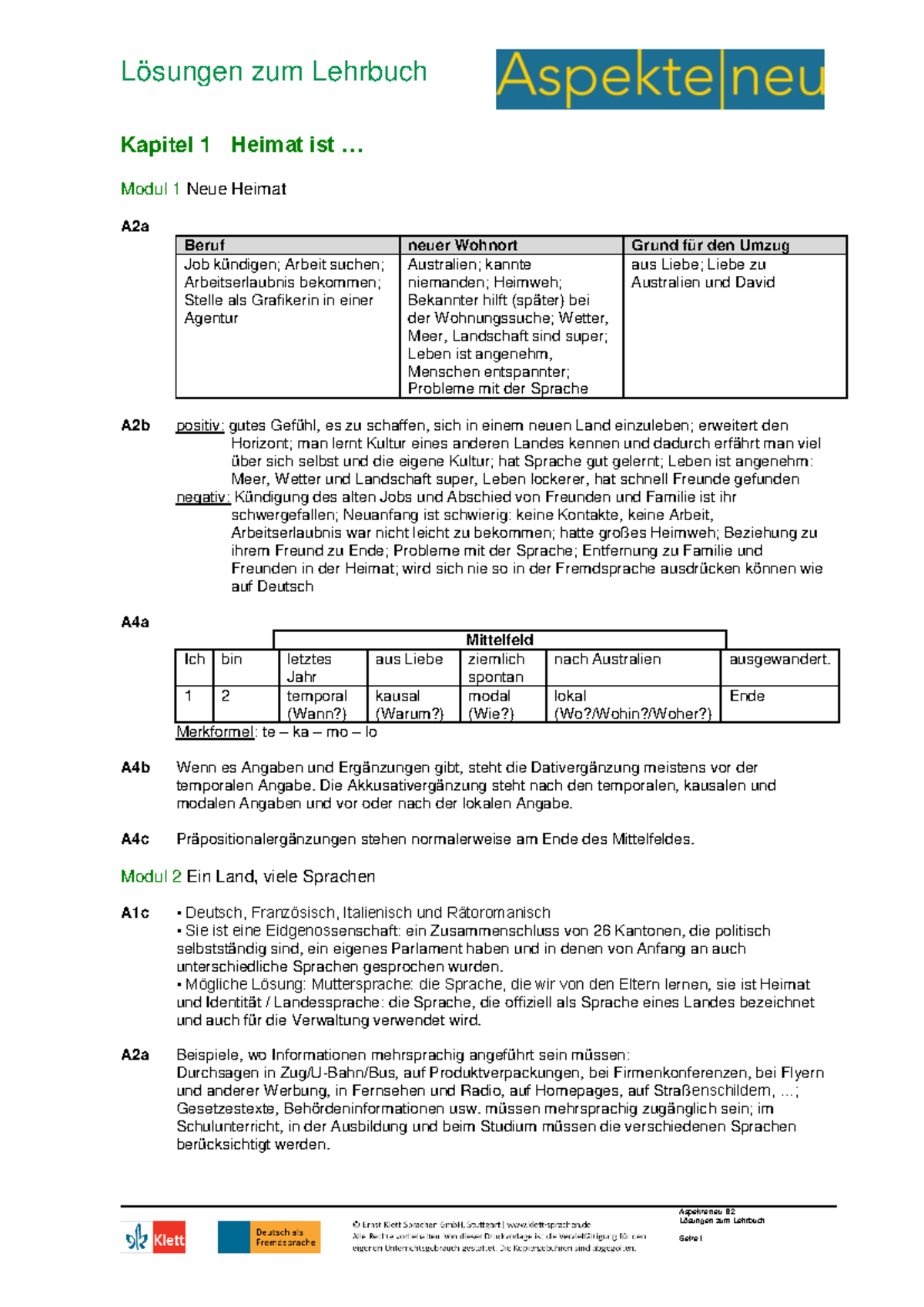 Aspekte B2 Course book answers - Aspekte neu B Lösungen zum Lehrbuch