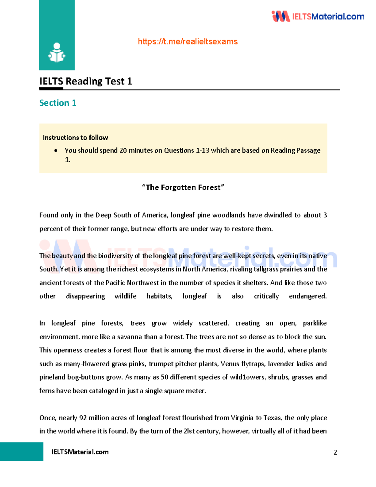 IELTS Reading Test 1 - Actual Exam Questions and Answers - Studocu