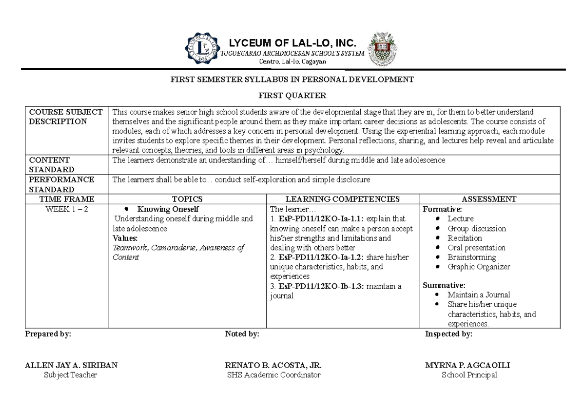 SY 2023-2024 SHS Personal Development Syllabus - 1st Sem - Studocu