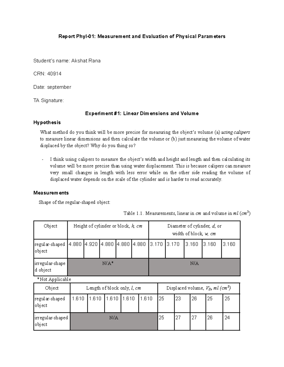 Report Phy I-01: Measurement & Evaluation of Physical Parameters - Studocu
