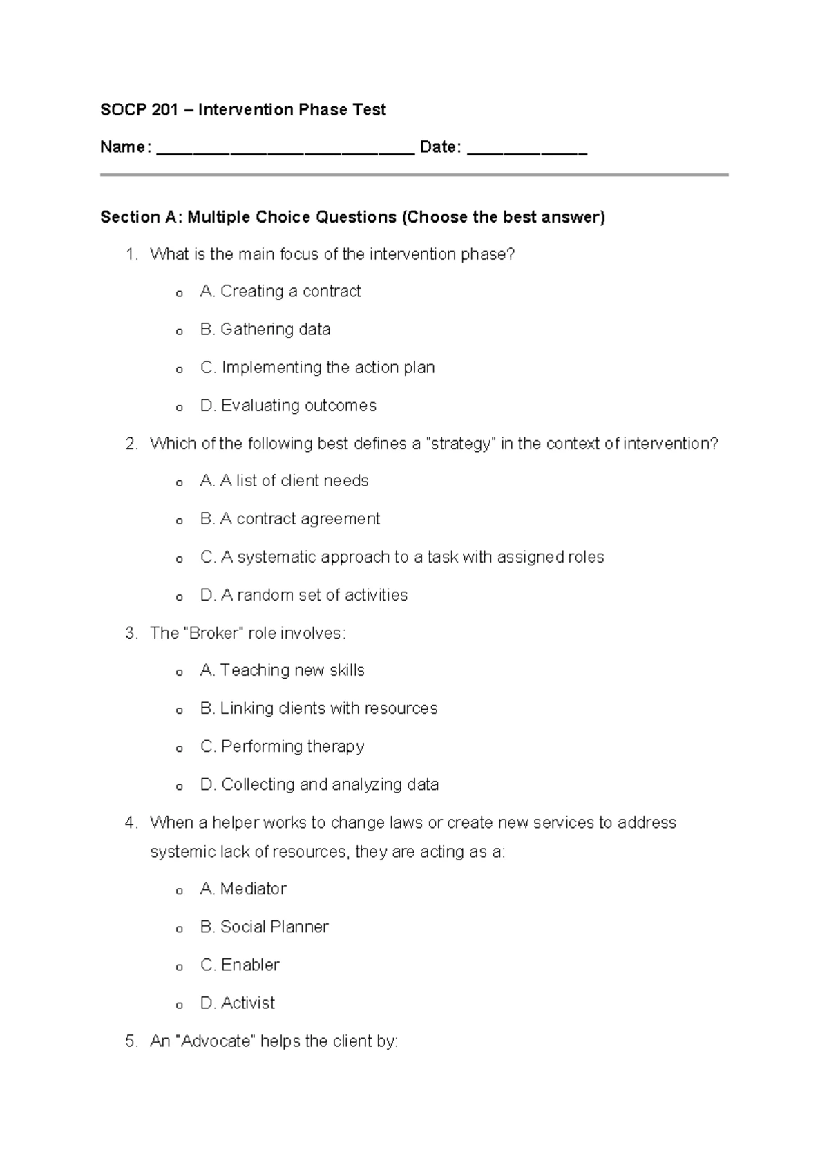 SOCP 201 Intervention Phase Test Memorandum: MCQs & Short Answers - Studocu