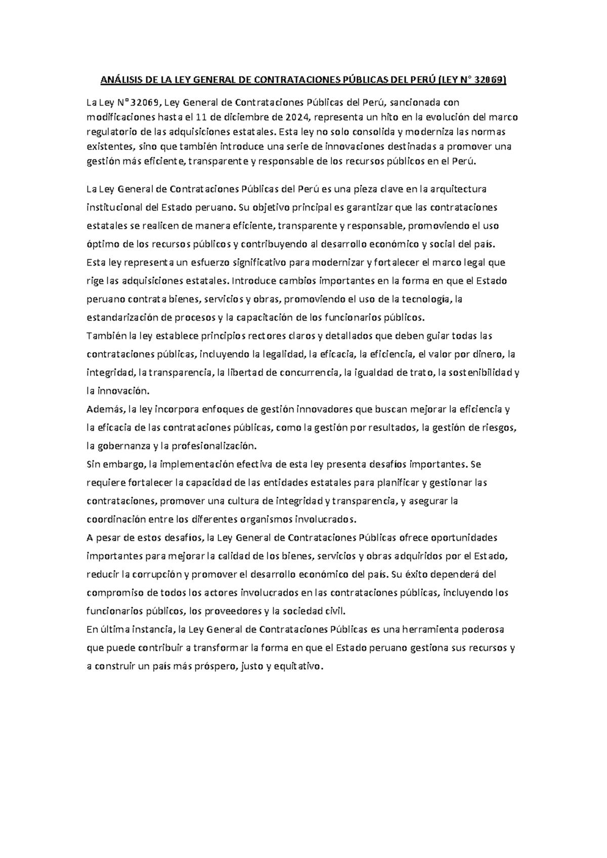 Análisis de la Ley 32069 de Contrataciones Públicas en Perú - Studocu