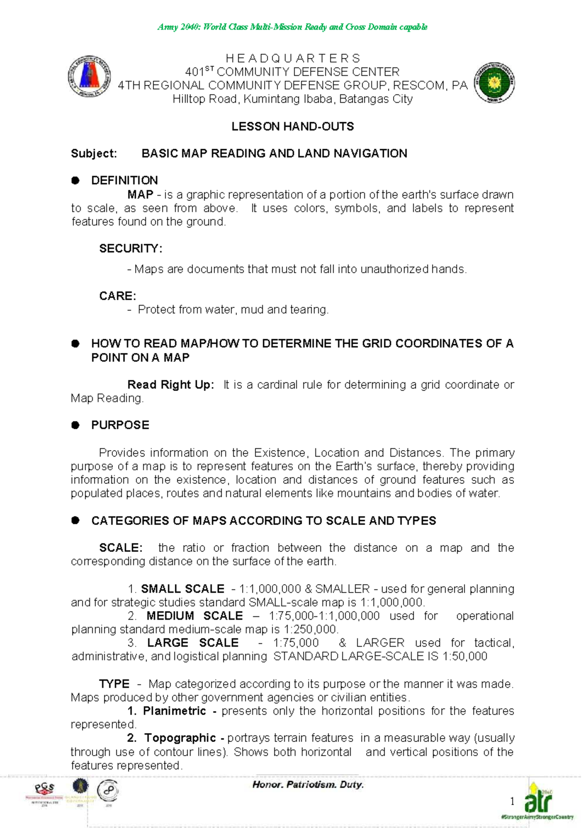 Army 2040: Basic Map Reading & Land Navigation Lesson Notes - Studocu