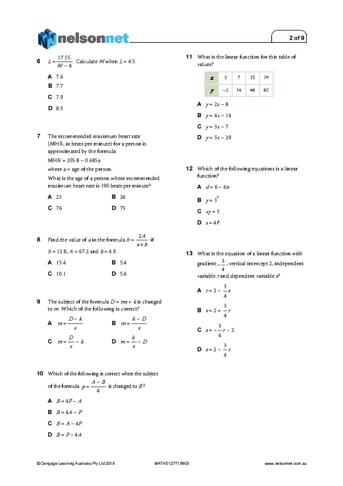 MATHS12TT18603 Equations Topic Test: Linear Functions & Proportions ...