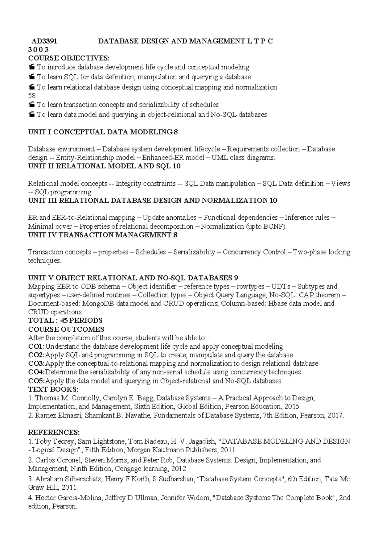 AD3391 Database Design & Management Course Overview and Details - Studocu