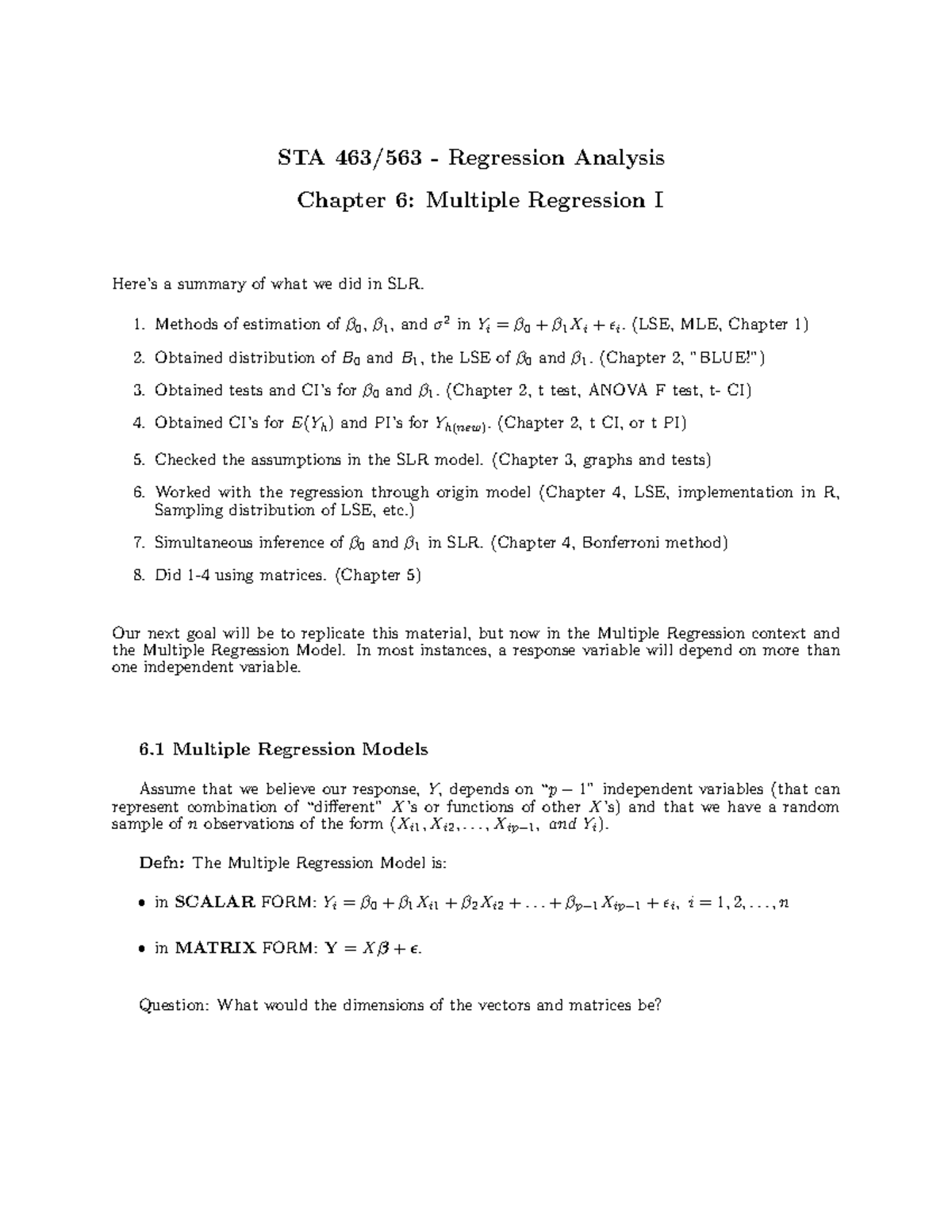 STA 463/563 - Multiple Regression Analysis Chapter 6 Summary and Notes ...