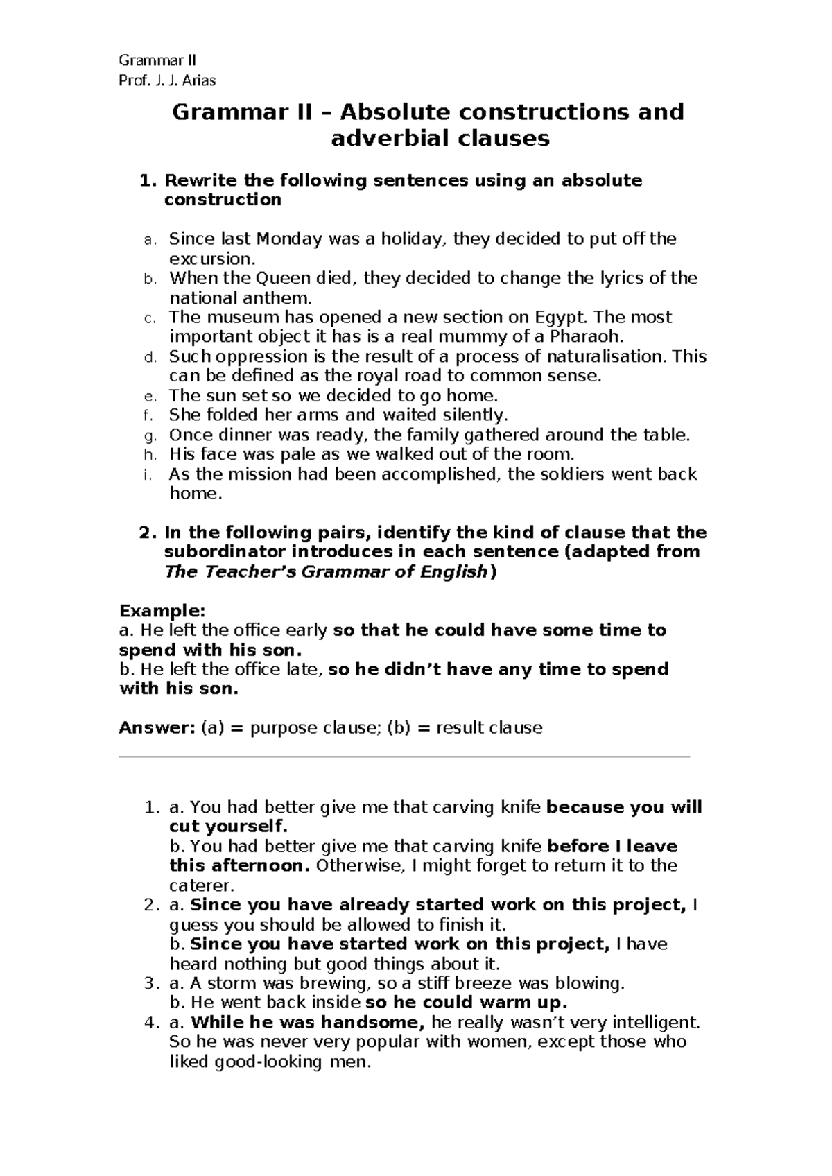 Grammar II - Absolute Constructions & Adverbial Clauses Notes - Studocu