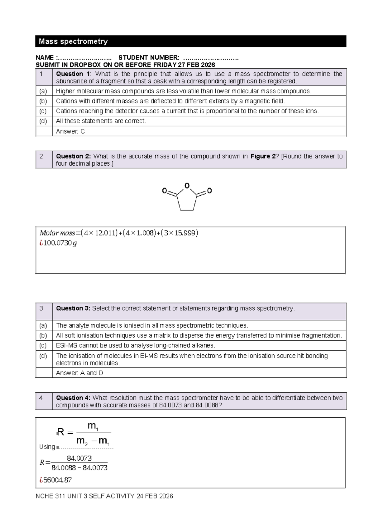 NCHE 311 Mass Spectrometry Unit 3 Self Activity Notes - Studocu