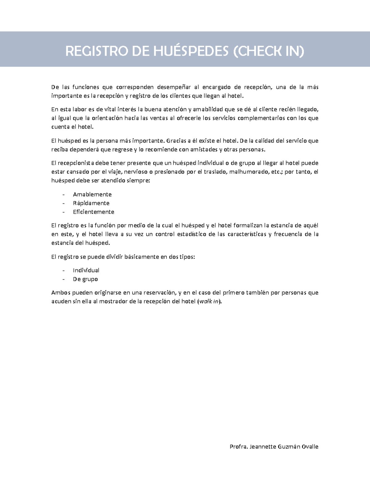 Registro de Check IN: Individual y de Grupo en el Hotel - Studocu