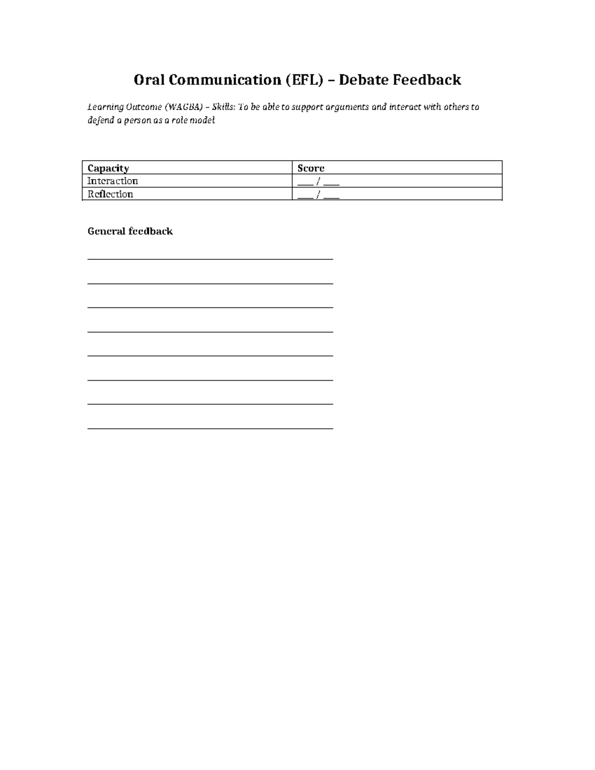Oral Debate Feedback MIN Template - Oral Communication (EFL) – Debate ...