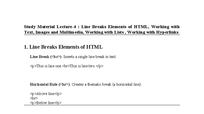 Study Material: HTML Line Breaks, Text, Images & Multimedia - Lecture 4 ...