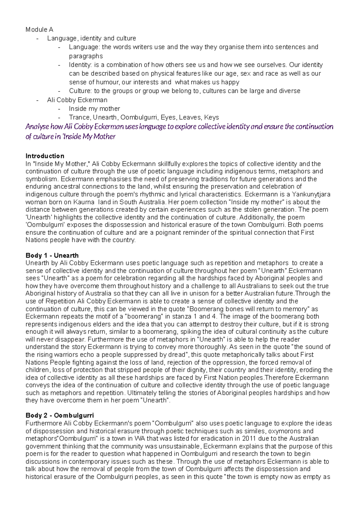 ENG101 - Module A Practice Essay: Language & Culture in Eckermann's ...