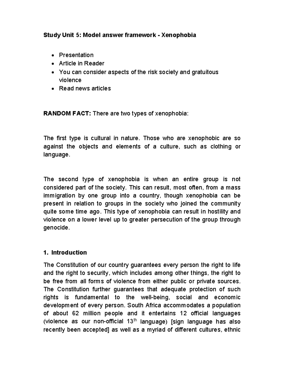 Study Unit 5: Model Answer Framework on Xenophobia Issues - Studocu