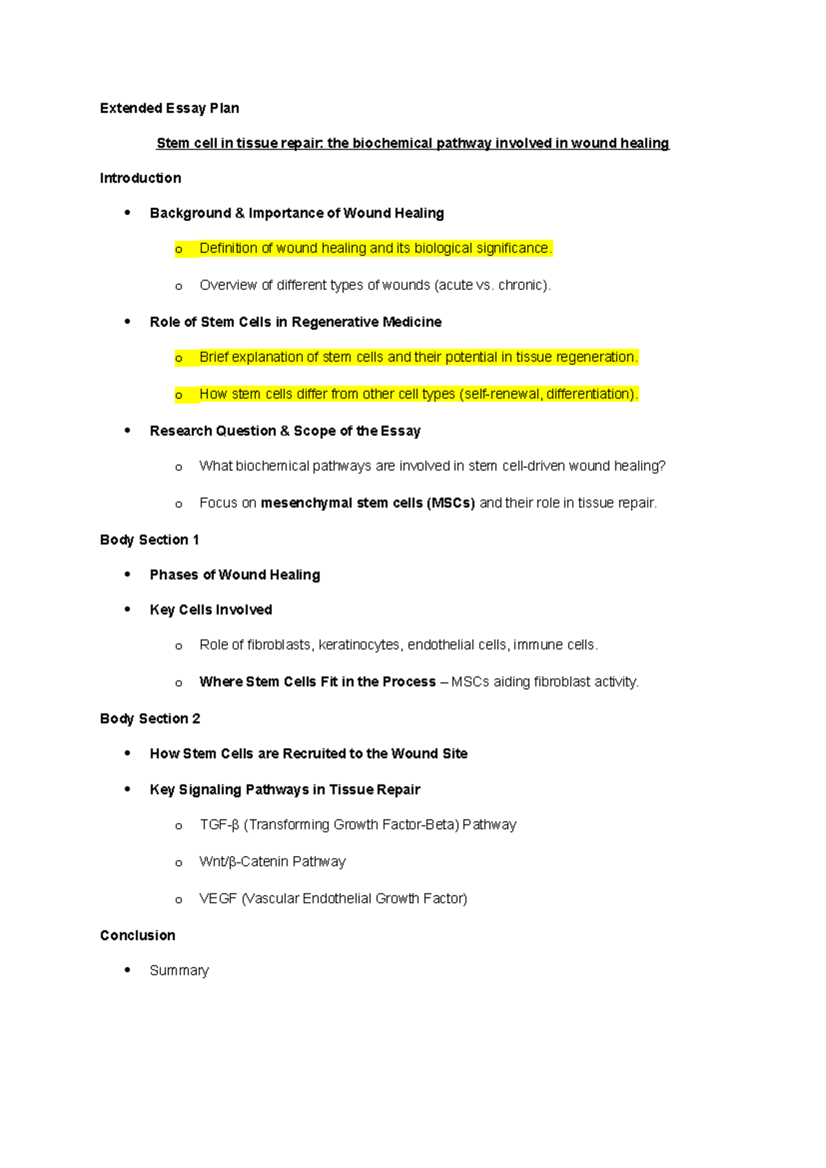 Extended Essay Plan - plan for EE - Extended Essay Plan Stem cell in ...