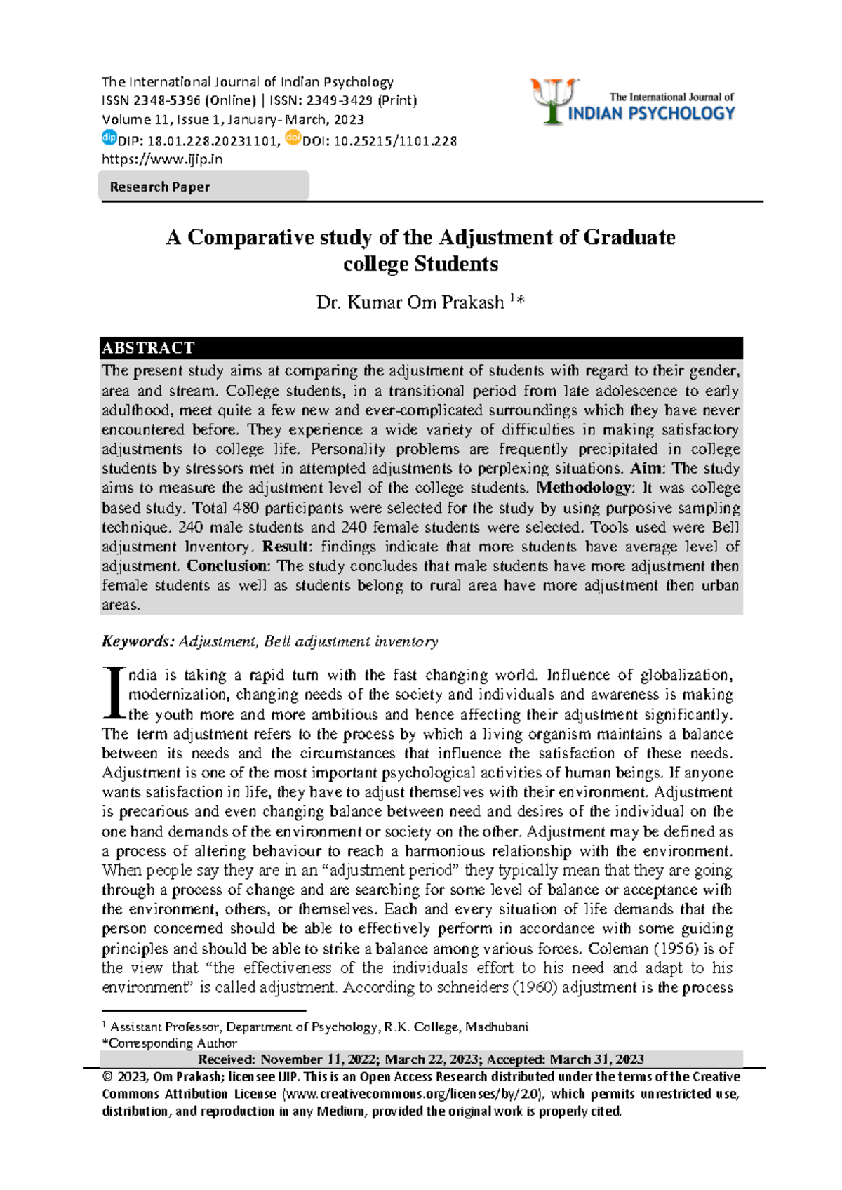 A Comparative Study of Adjustment in Graduate Students (18.01) - Studocu