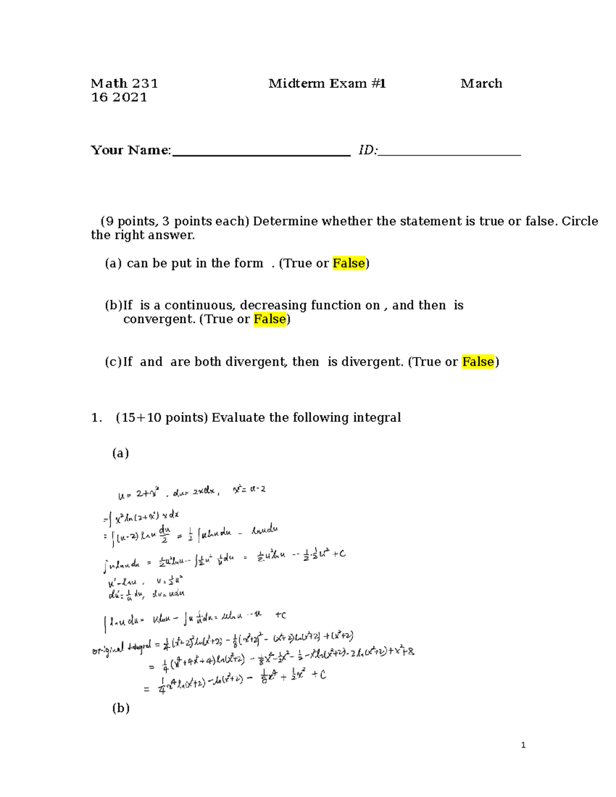 Math 231 Midterm Exam #1 Solutions - March 2021 - Studocu
