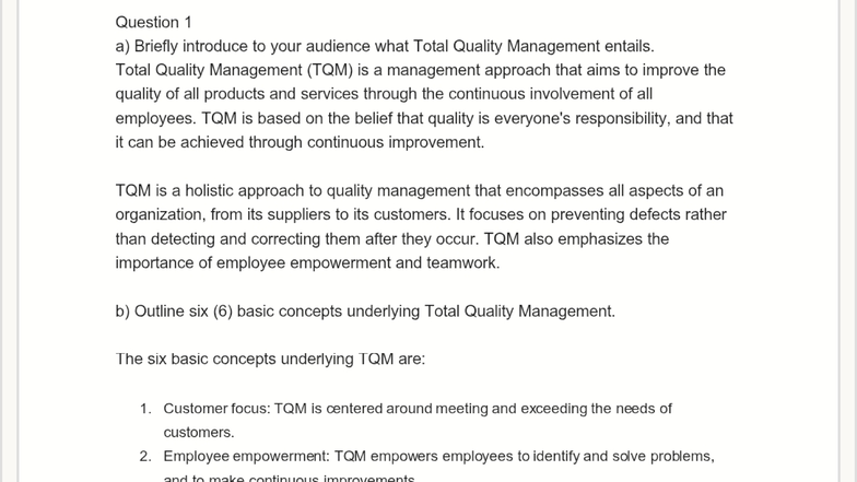 Revision Questions on Total Quality Management (TQM) - Studocu