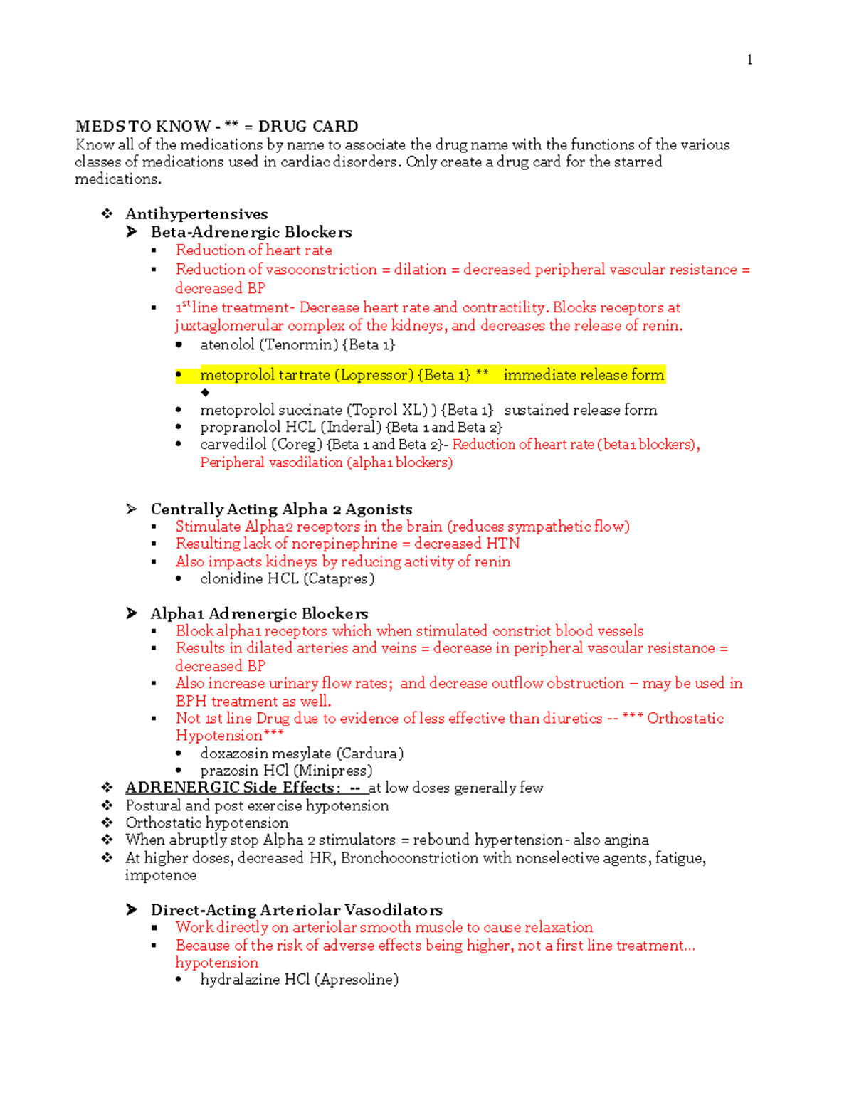NURSING Cardiac Drugs Study Guide with Key Points - Studocu