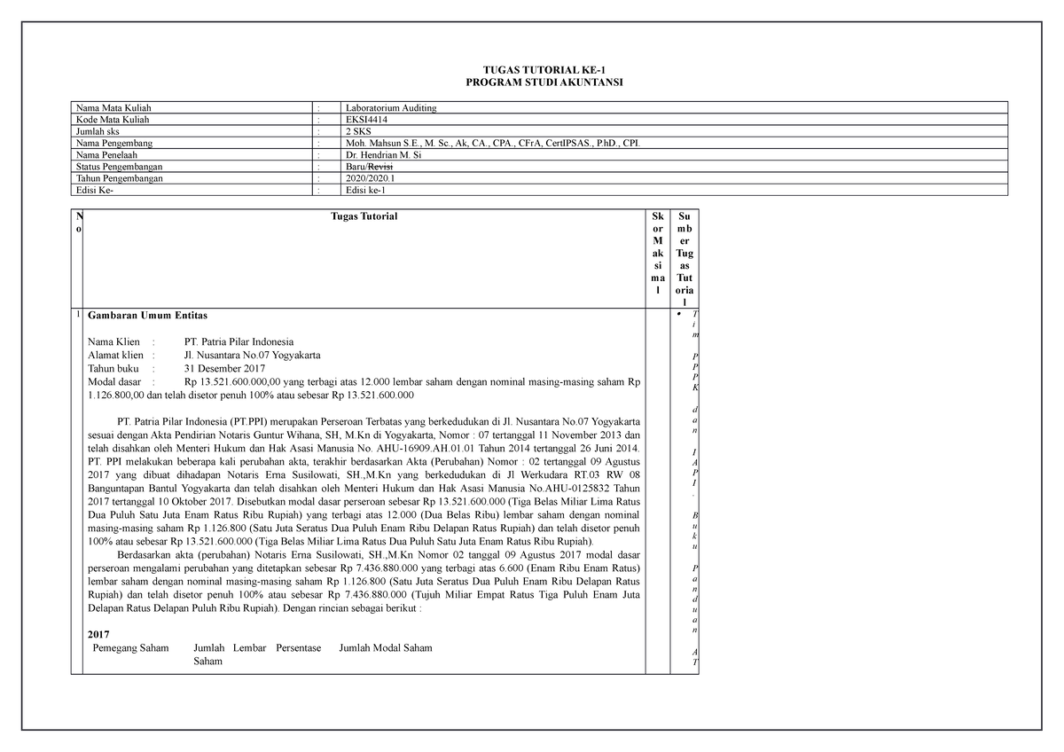 Tugas 1 Tutorial Lab Audit Program Studi Akuntansi Eksi Studocu