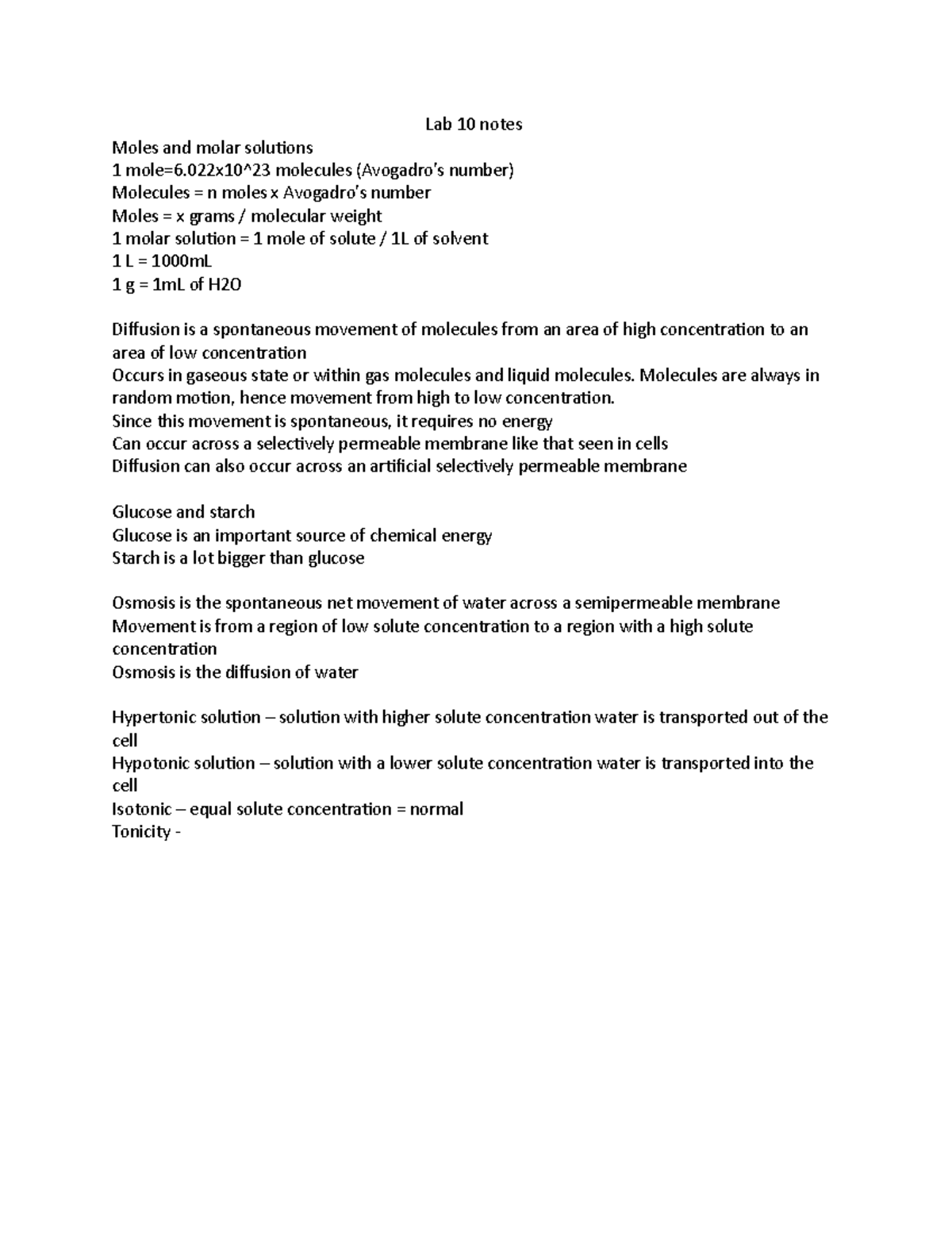 Lab 10 notes - Lab 10 notes Moles and molar solutions 1 mole=6^23 ...