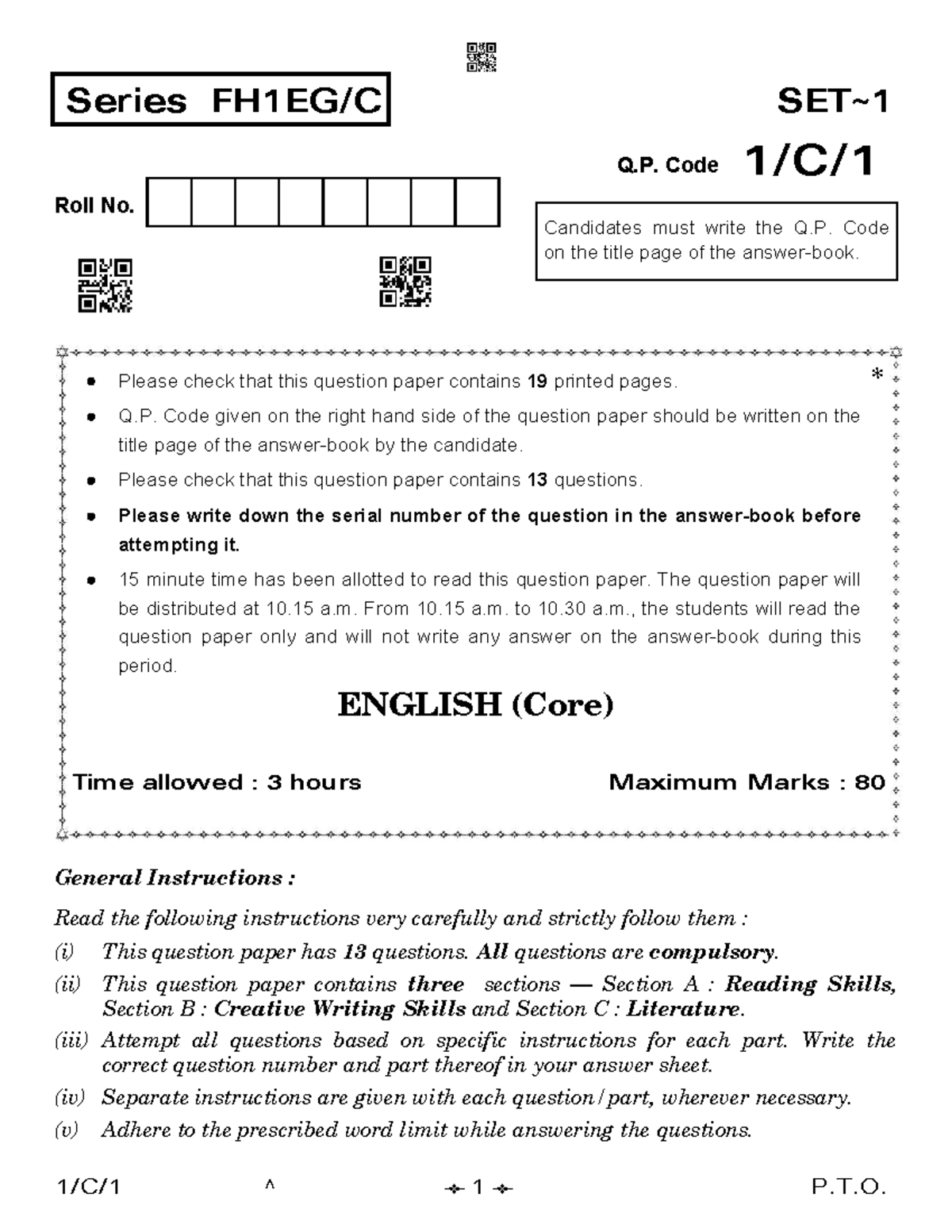 English (Core) Final Exam Q.P. Code: 1 C 1 - Comprehensive Question ...