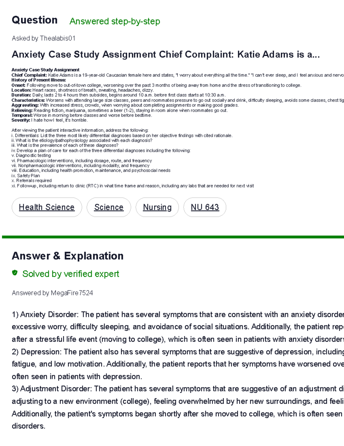 [Solved] Anxiety Case Study Assignment Chief Complaint Katie Adams is a ...