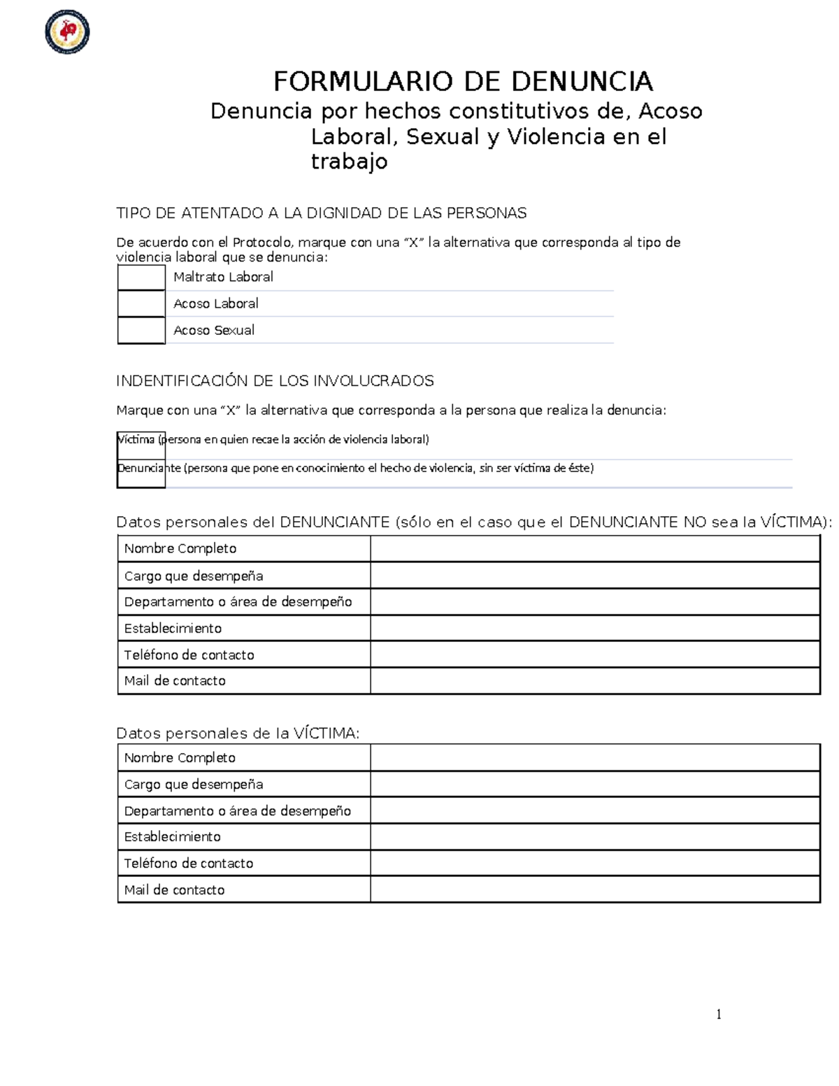 Formulario de Denuncia por Acoso Laboral y Violencia en el Trabajo ...