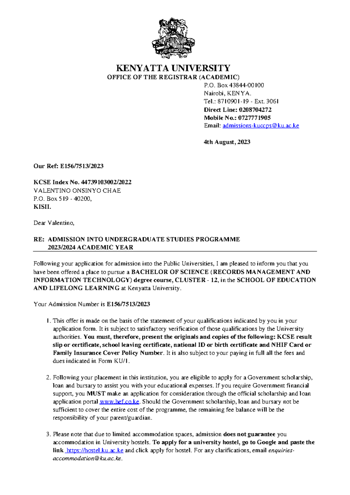 Kenyatta University Admission Letter for 2023/2024 Academic Year - Studocu