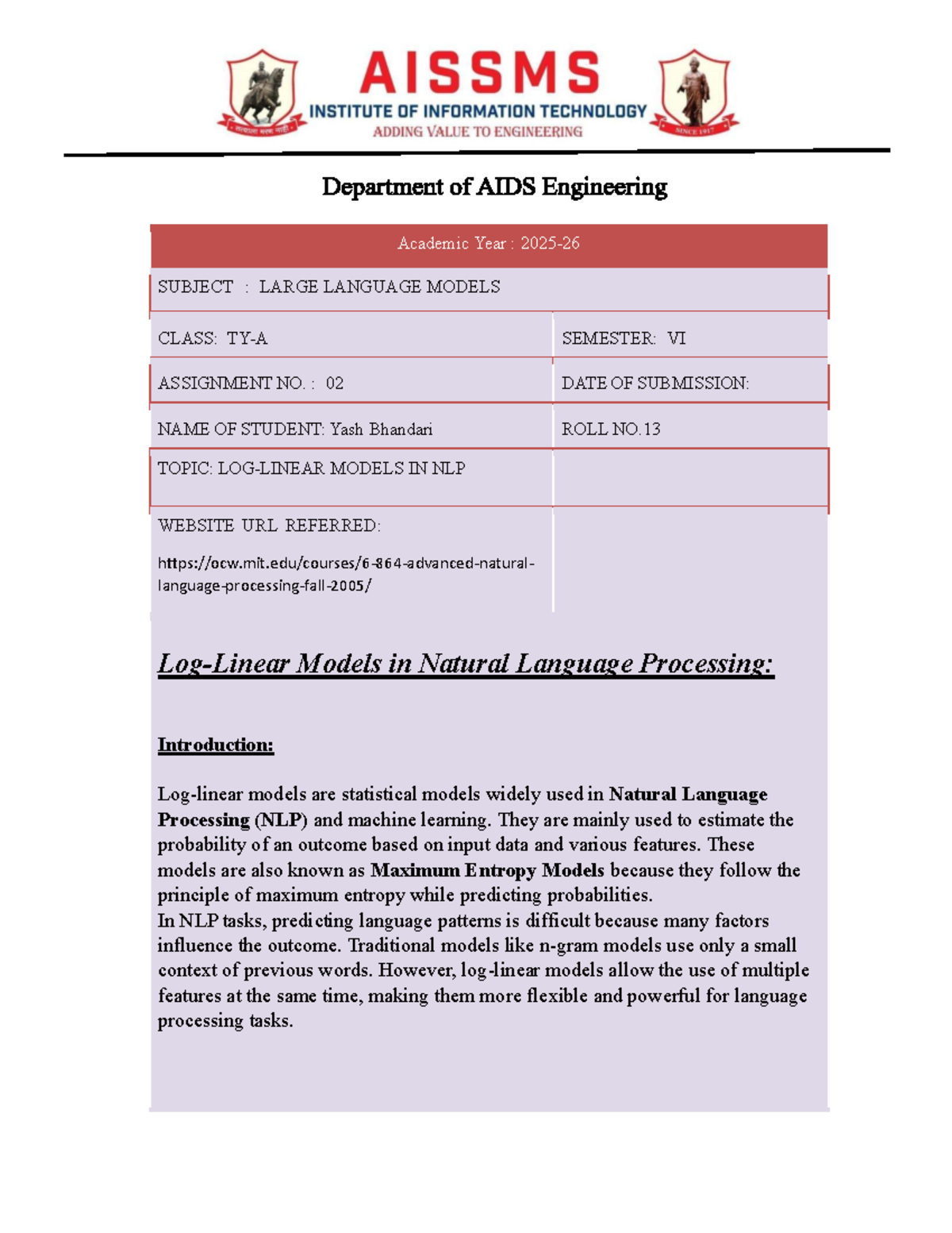 LLM VI Assignment 02: Models in NLP - Lecture Notes - Studocu