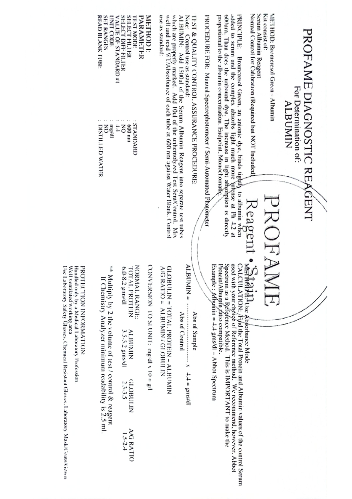 Profame Albumin - PROFAME DIAGNOSTIC REAGENT For Determination of ...